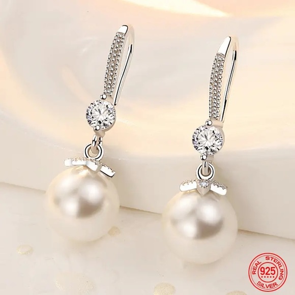 Graceful 925 Sterling Silver Long Pearl CZ Dangle Earrings For Women - Picture 3 of 5